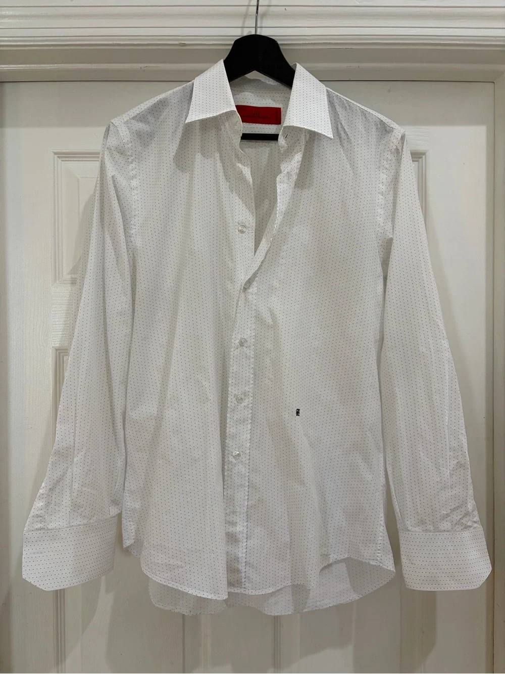 Carolina Herrera CH White Blue Micro Dot Dress Shirt Men’s 15.5 Luxury Button - Picture 4 of 7